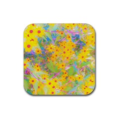 Pretty Yellow And Red Flowers With Turquoise Rubber Coaster (square)  by myrubiogarden