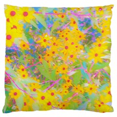 Pretty Yellow And Red Flowers With Turquoise Large Cushion Case (one Side) by myrubiogarden