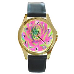 Lime Green And Pink Succulent Sedum Rosette Round Gold Metal Watch by myrubiogarden