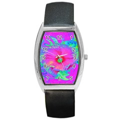 Psychedelic Pink And Red Hibiscus Flower Barrel Style Metal Watch