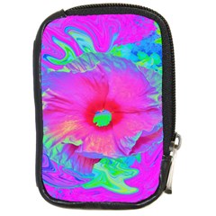 Psychedelic Pink And Red Hibiscus Flower Compact Camera Leather Case by myrubiogarden