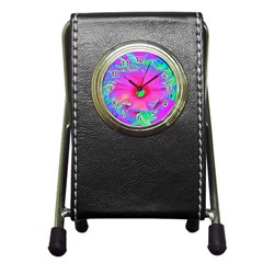 Psychedelic Pink And Red Hibiscus Flower Pen Holder Desk Clock