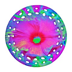 Psychedelic Pink And Red Hibiscus Flower Round Filigree Ornament (Two Sides)