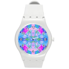 Pink And Purple Dahlia On Blue Pattern Round Plastic Sport Watch (m) by myrubiogarden