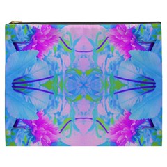 Pink And Purple Dahlia On Blue Pattern Cosmetic Bag (xxxl) by myrubiogarden