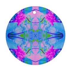 Pink And Purple Dahlia On Blue Pattern Ornament (round) by myrubiogarden