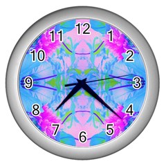 Pink And Purple Dahlia On Blue Pattern Wall Clock (silver) by myrubiogarden