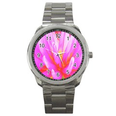 Fiery Hot Pink And Yellow Cactus Dahlia Flower Sport Metal Watch by myrubiogarden