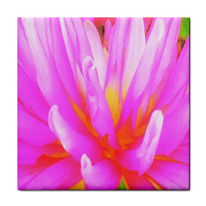 Fiery Hot Pink And Yellow Cactus Dahlia Flower Tile Coasters