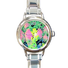 Fluorescent Yellow Smoke Tree With Pink Hydrangea Round Italian Charm Watch