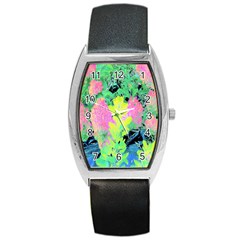 Fluorescent Yellow Smoke Tree With Pink Hydrangea Barrel Style Metal Watch