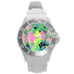 Fluorescent Yellow Smoke Tree With Pink Hydrangea Round Plastic Sport Watch (L)