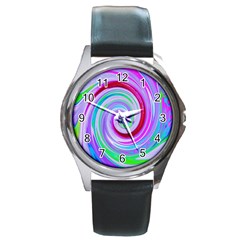 Groovy Abstract Red Swirl On Purple And Pink Round Metal Watch by myrubiogarden