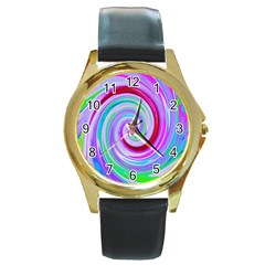 Groovy Abstract Red Swirl On Purple And Pink Round Gold Metal Watch by myrubiogarden
