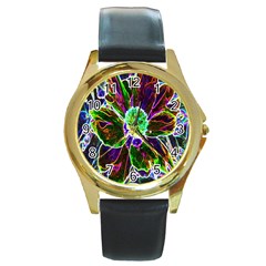 Abstract Garden Peony In Black And Blue Round Gold Metal Watch by myrubiogarden