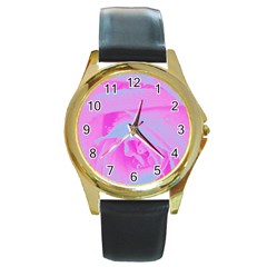 Perfect Hot Pink And Light Blue Rose Detail Round Gold Metal Watch by myrubiogarden