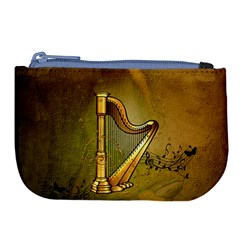 Wonderful Golden Harp On Vintage Background Large Coin Purse by FantasyWorld7