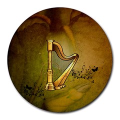 Wonderful Golden Harp On Vintage Background Round Mousepads by FantasyWorld7