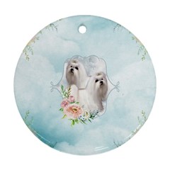 Cute Little Maltese With Flowers Ornament (round) by FantasyWorld7