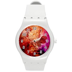 Flower Power, Colorful Floral Design Round Plastic Sport Watch (m) by FantasyWorld7
