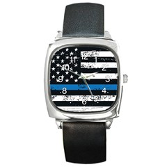 Usa Flag The Thin Blue Line I Back The Blue Usa Flag Grunge On Black Background Square Metal Watch by snek