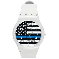 Usa Flag The Thin Blue Line I Back The Blue Usa Flag Grunge On Black Background Round Plastic Sport Watch (m) by snek