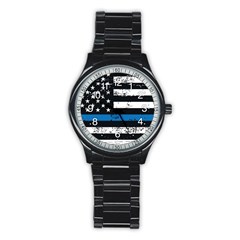 Usa Flag The Thin Blue Line I Back The Blue Usa Flag Grunge On Black Background Stainless Steel Round Watch by snek