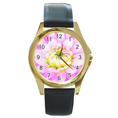 Pretty Pink, White And Yellow Cactus Dahlia Macro Round Gold Metal Watch by myrubiogarden