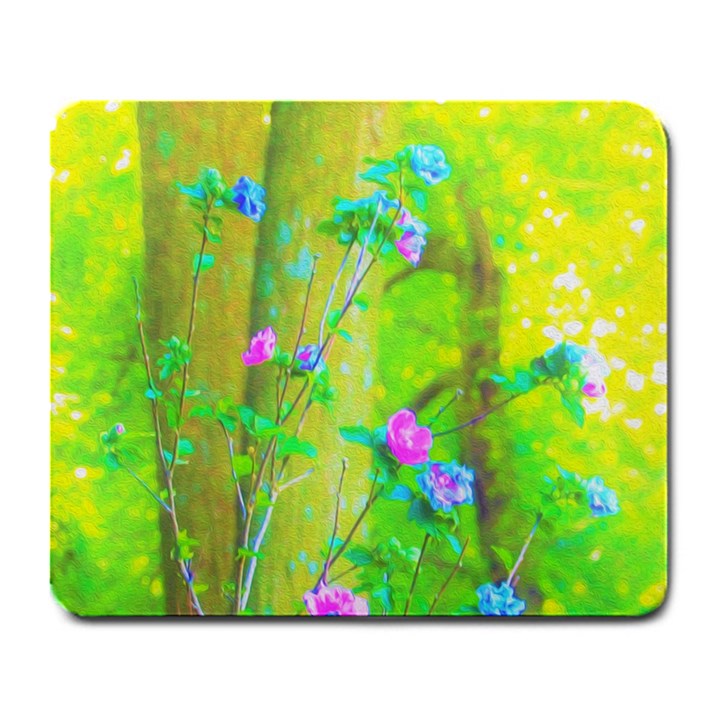 Hot Pink Abstract Rose Of Sharon On Bright Yellow Large Mousepads