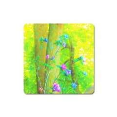 Hot Pink Abstract Rose Of Sharon On Bright Yellow Square Magnet by myrubiogarden