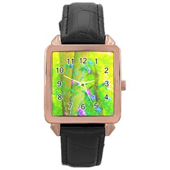 Hot Pink Abstract Rose Of Sharon On Bright Yellow Rose Gold Leather Watch 