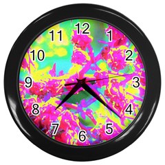 Psychedelic Succulent Sedum Turquoise And Yellow Wall Clock (black) by myrubiogarden
