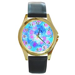 Blue And Hot Pink Succulent Underwater Sedum Round Gold Metal Watch by myrubiogarden