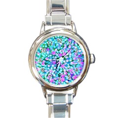 Blue And Hot Pink Succulent Sedum Flowers Detail Round Italian Charm Watch by myrubiogarden