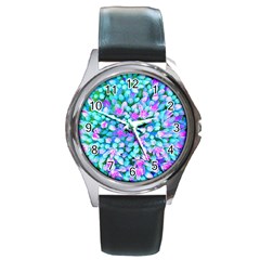 Blue And Hot Pink Succulent Sedum Flowers Detail Round Metal Watch