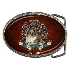 Cute Collie With Flowers On Vintage Background Belt Buckles by FantasyWorld7