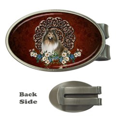 Cute Collie With Flowers On Vintage Background Money Clips (oval)  by FantasyWorld7