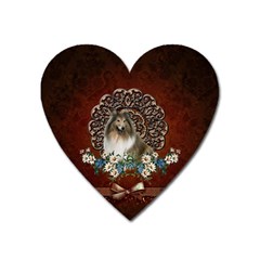 Cute Collie With Flowers On Vintage Background Heart Magnet