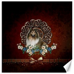 Cute Collie With Flowers On Vintage Background Canvas 12  X 12  by FantasyWorld7
