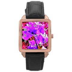 Abstract Ultra Violet Purple Iris On Red And Pink Rose Gold Leather Watch  by myrubiogarden