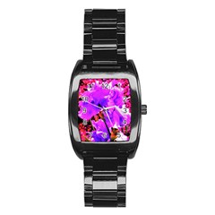 Abstract Ultra Violet Purple Iris On Red And Pink Stainless Steel Barrel Watch by myrubiogarden