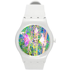 Abstract Oriental Lilies In My Rubio Garden Round Plastic Sport Watch (m) by myrubiogarden