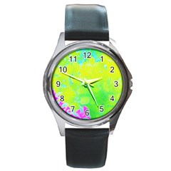 Fluorescent Yellow And Pink Abstract Garden Foliage Round Metal Watch by myrubiogarden