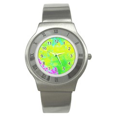 Fluorescent Yellow And Pink Abstract Garden Foliage Stainless Steel Watch by myrubiogarden