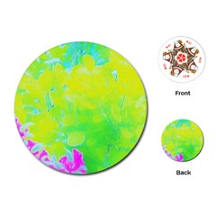 Fluorescent Yellow And Pink Abstract Garden Foliage Playing Cards (round) by myrubiogarden
