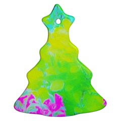 Fluorescent Yellow And Pink Abstract Garden Foliage Christmas Tree Ornament (two Sides) by myrubiogarden