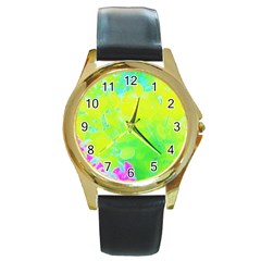 Fluorescent Yellow And Pink Abstract Garden Foliage Round Gold Metal Watch by myrubiogarden