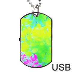 Fluorescent Yellow And Pink Abstract Garden Foliage Dog Tag Usb Flash (one Side) by myrubiogarden