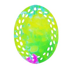 Fluorescent Yellow And Pink Abstract Garden Foliage Oval Filigree Ornament (two Sides) by myrubiogarden