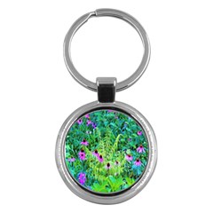 Purple Coneflower Garden With Tiger Eye Tree Key Chains (round)  by myrubiogarden